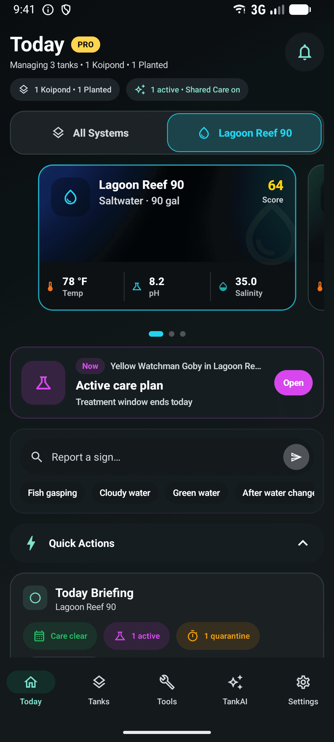 TankForge Android Today command center showing aquarium care priorities and recent tank activity