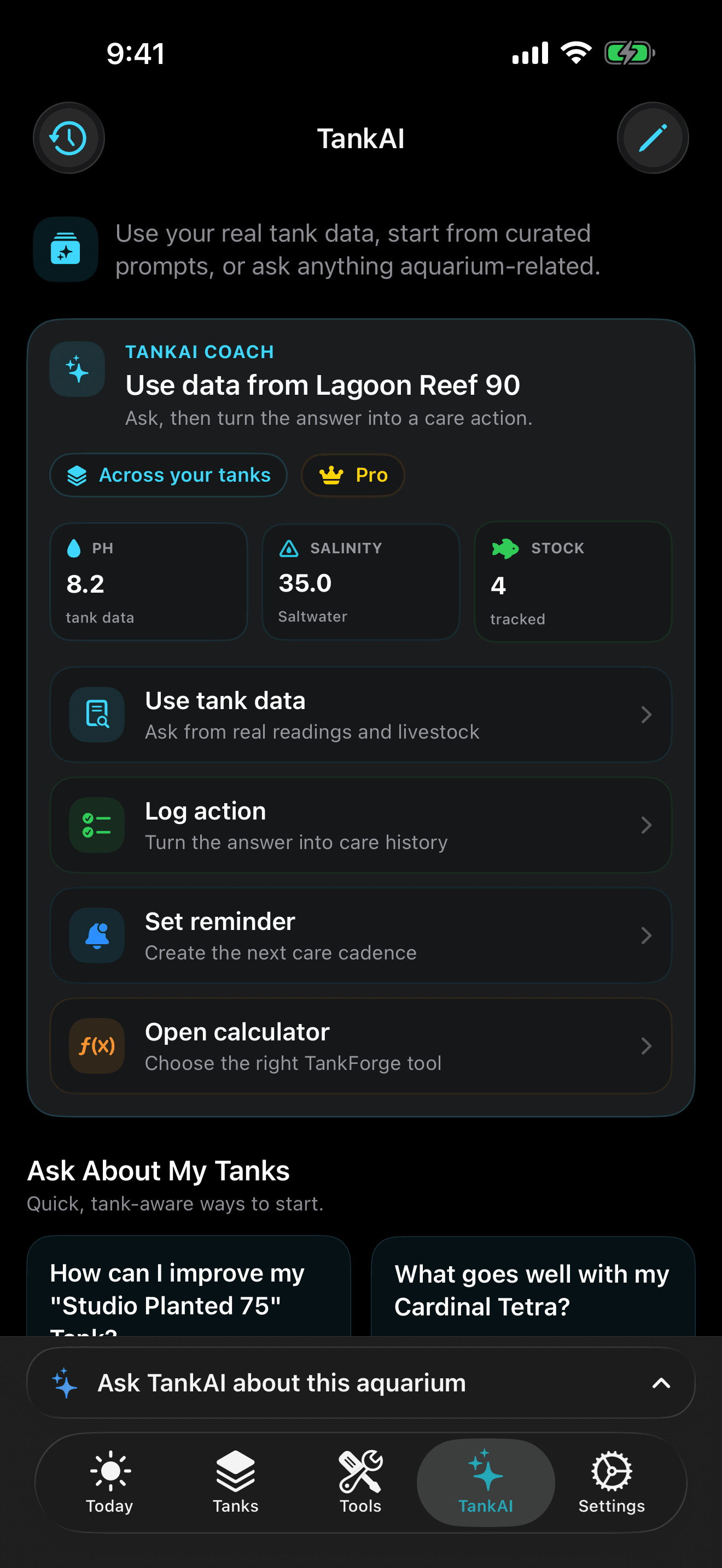 TankForge iOS TankAI showing tank-aware aquarium guidance and suggested questions