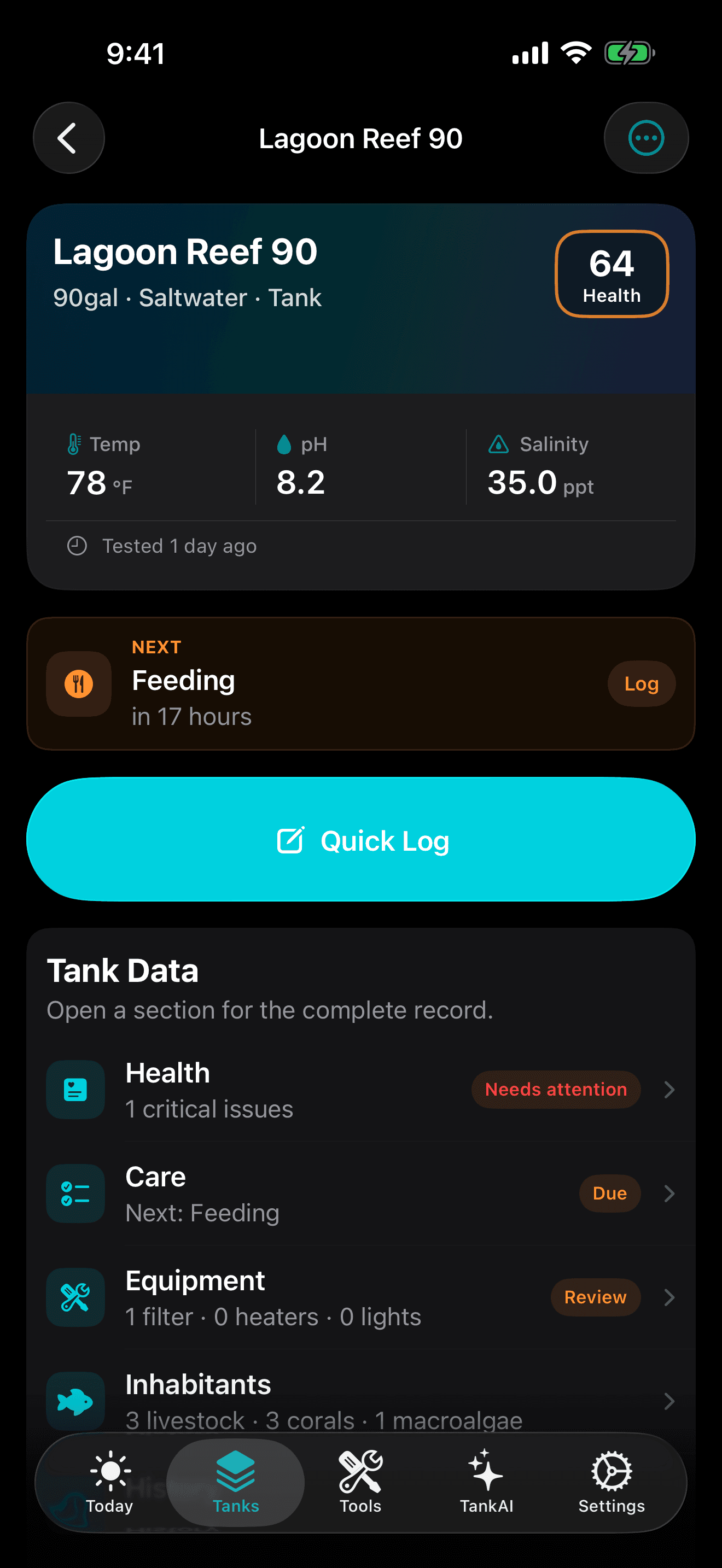 TankForge iOS tank detail showing Lagoon Reef 90 health, parameters, next care action, and tank records