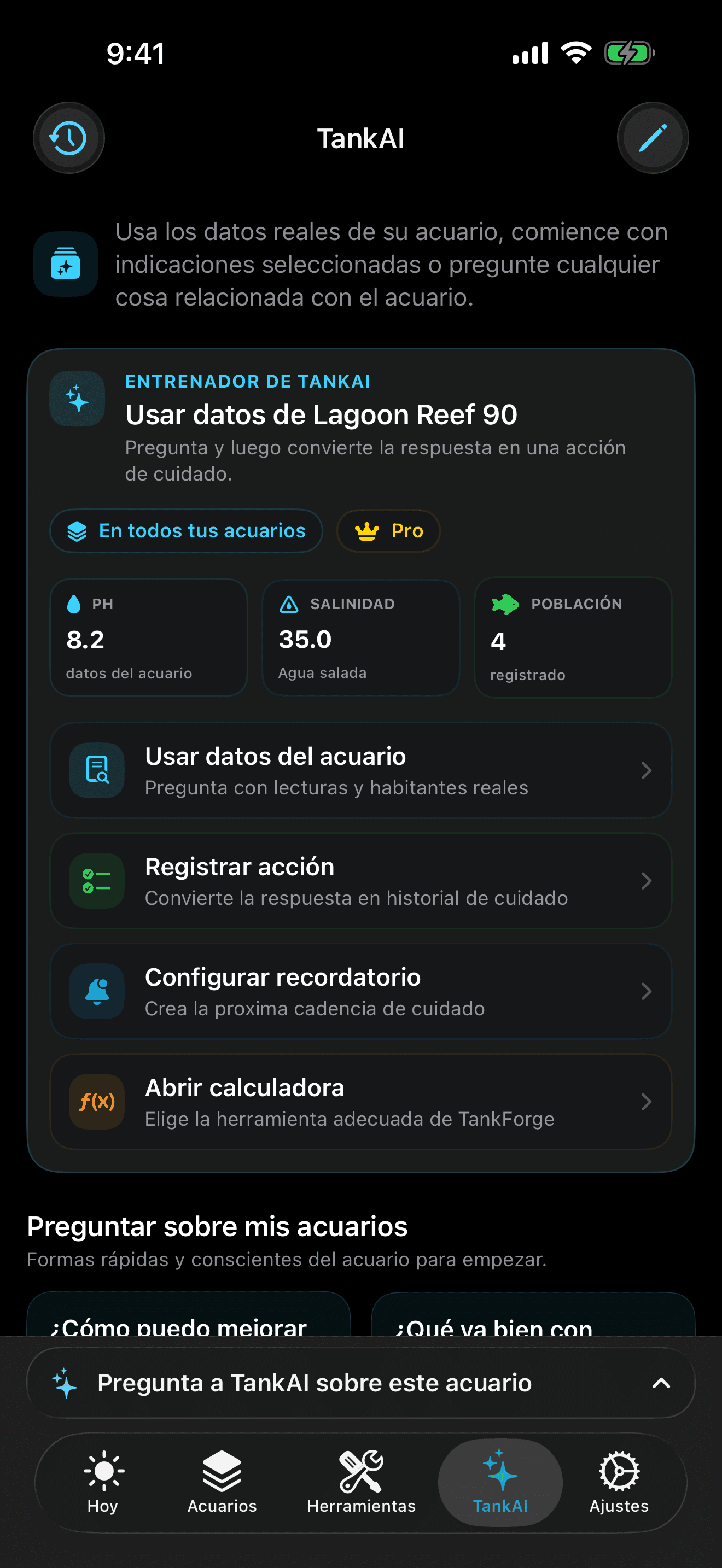 TankAI de TankForge para iOS con orientación según el acuario y preguntas sugeridas