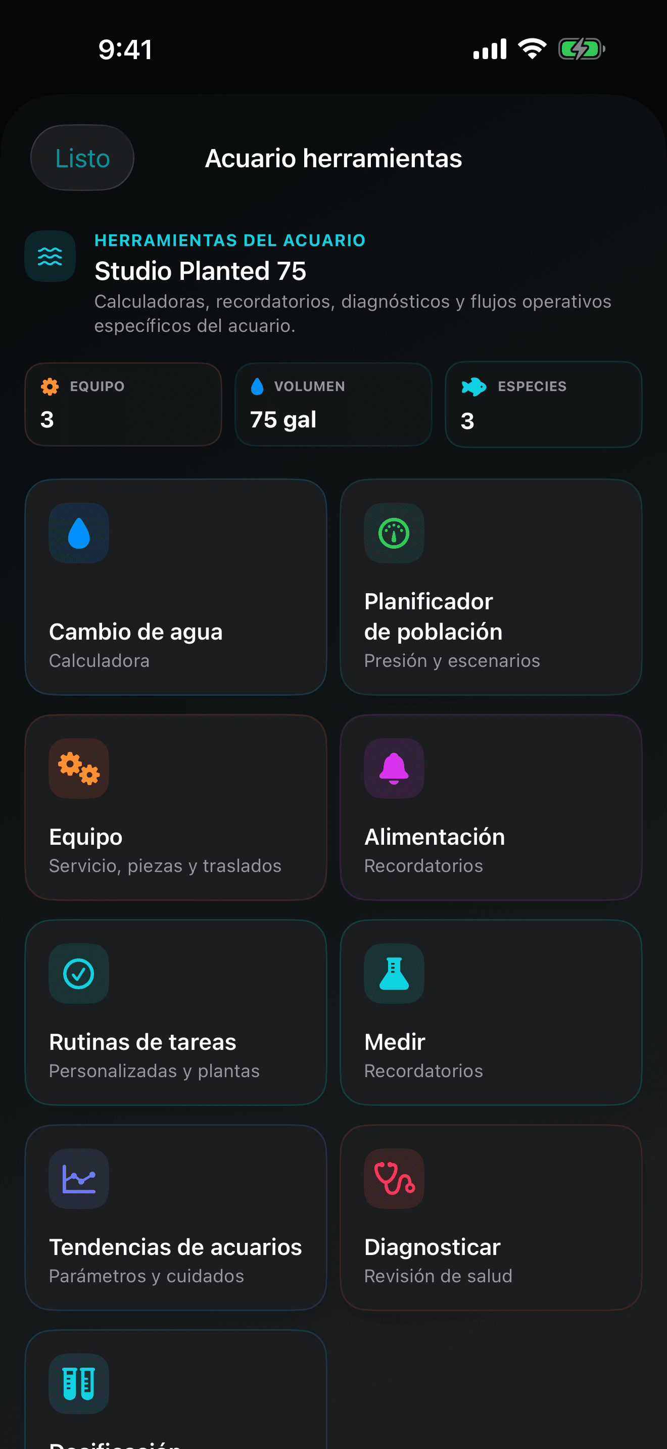 Herramientas de TankForge para iOS con acciones de cuidado y planificación para el acuario seleccionado