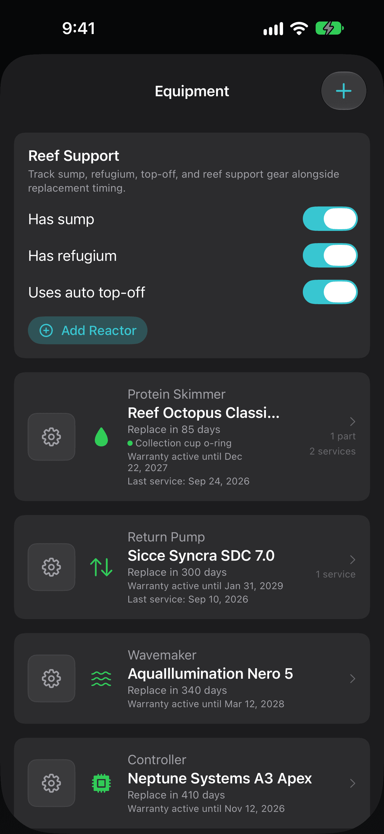 TankForge reef maintenance screenshot with equipment context