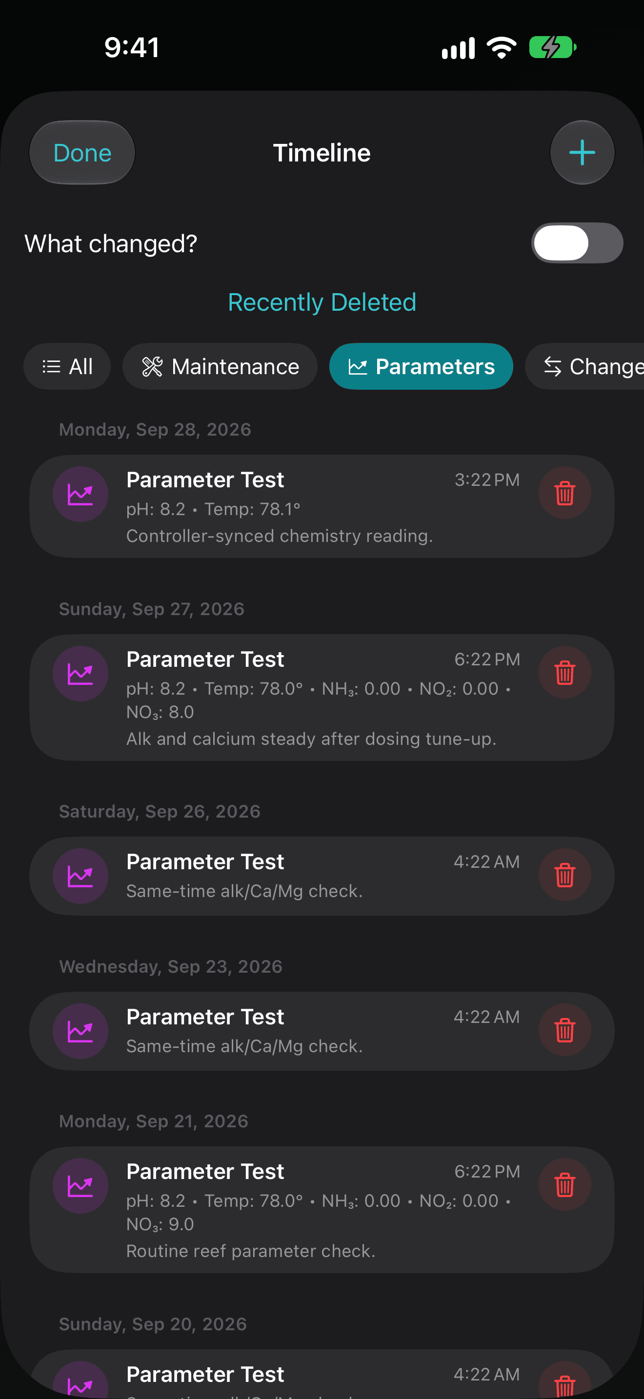 TankForge iOS water parameter history showing dated pH, temperature, ammonia, nitrite, and nitrate test results