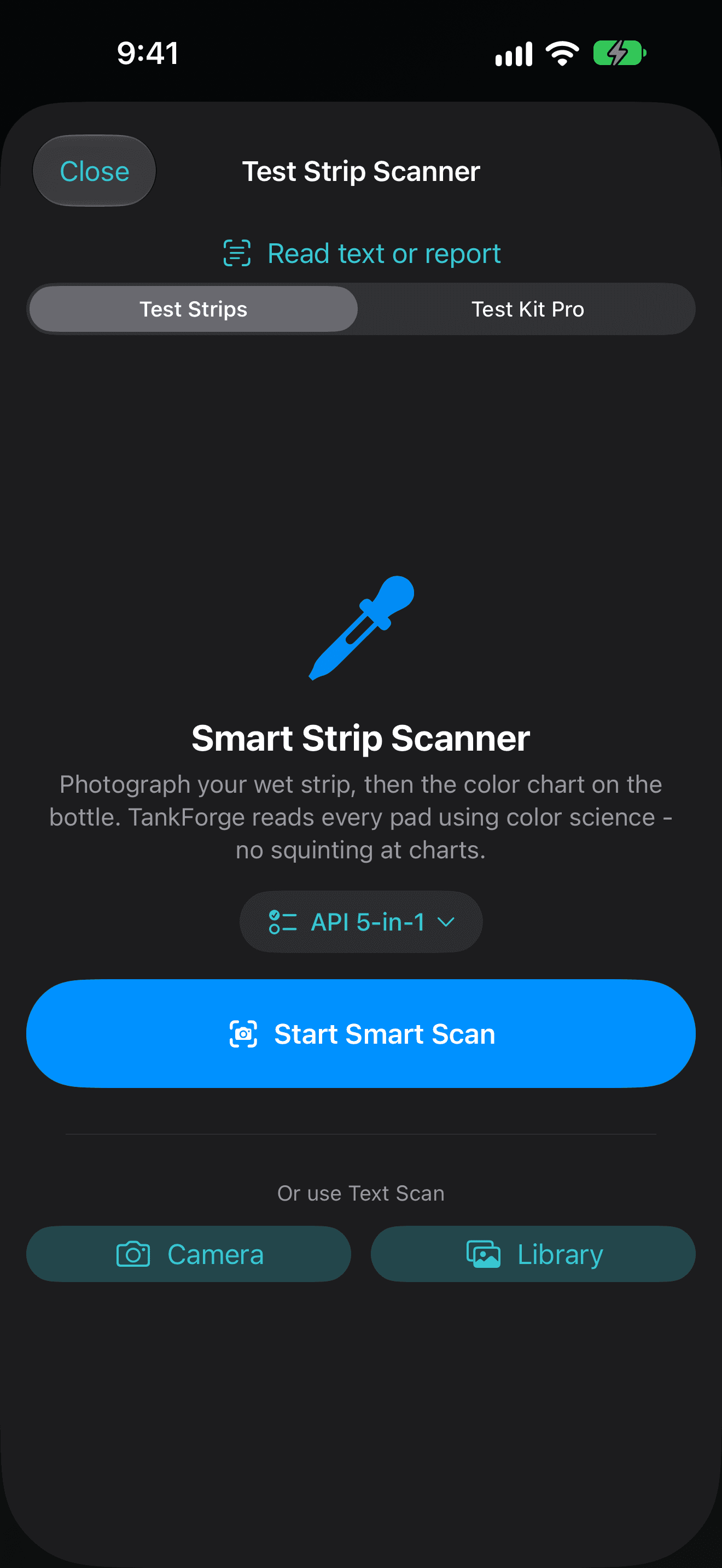 TankForge test strip scanner screen with smart scan, camera, and photo library actions