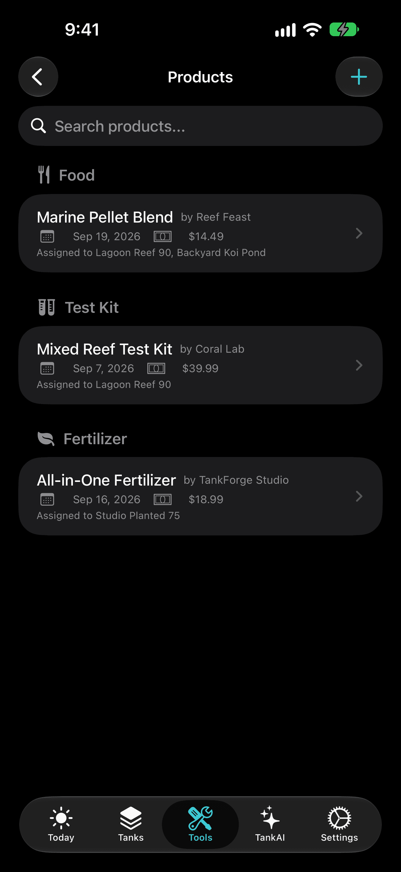TankForge product inventory reached from the product scanner workflow