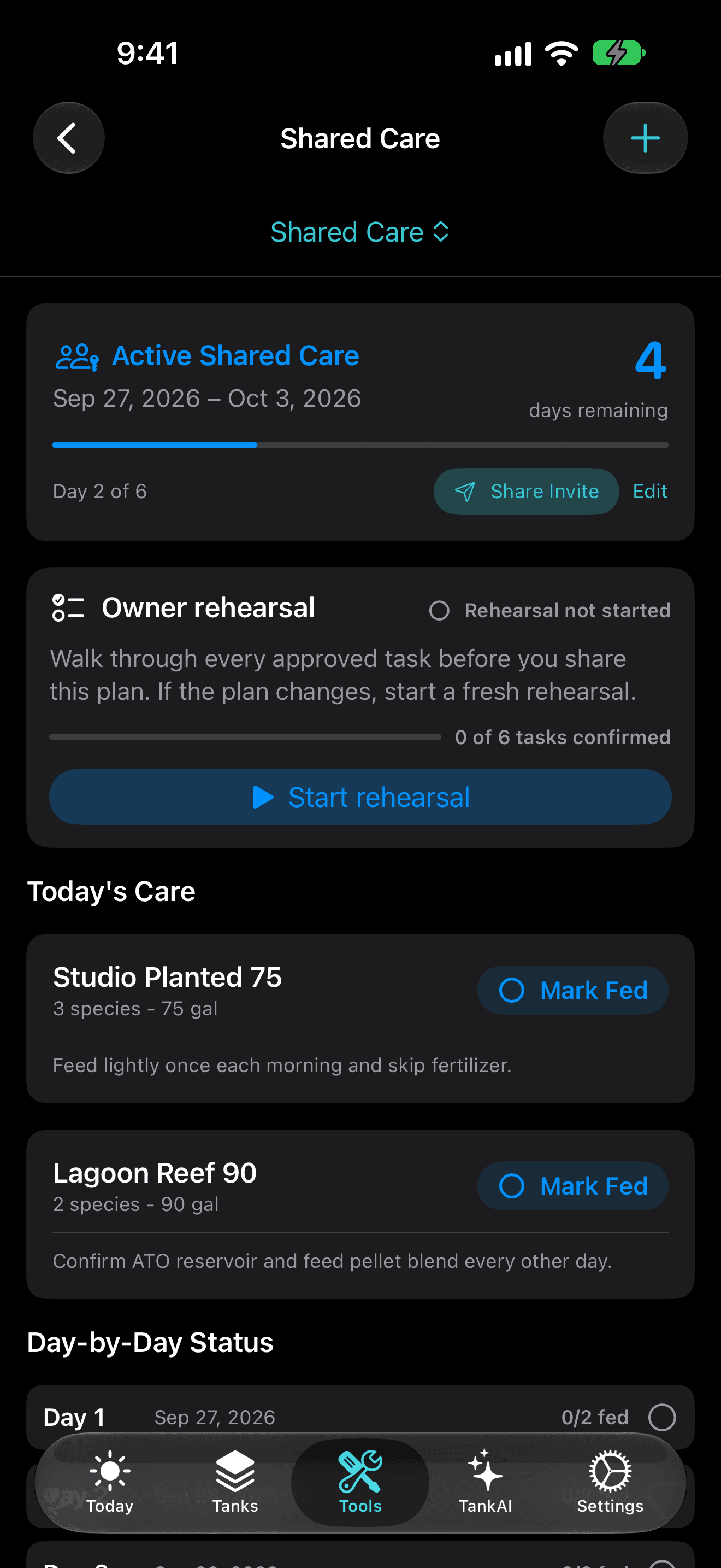 TankForge Shared Care screen showing an active vacation handoff and daily aquarium tasks