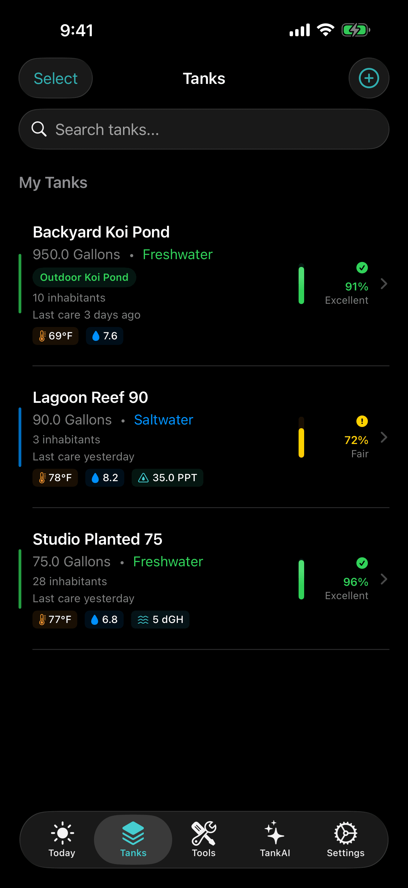 TankForge simulator screenshot showing multiple fish tank records with livestock count and water parameter chips