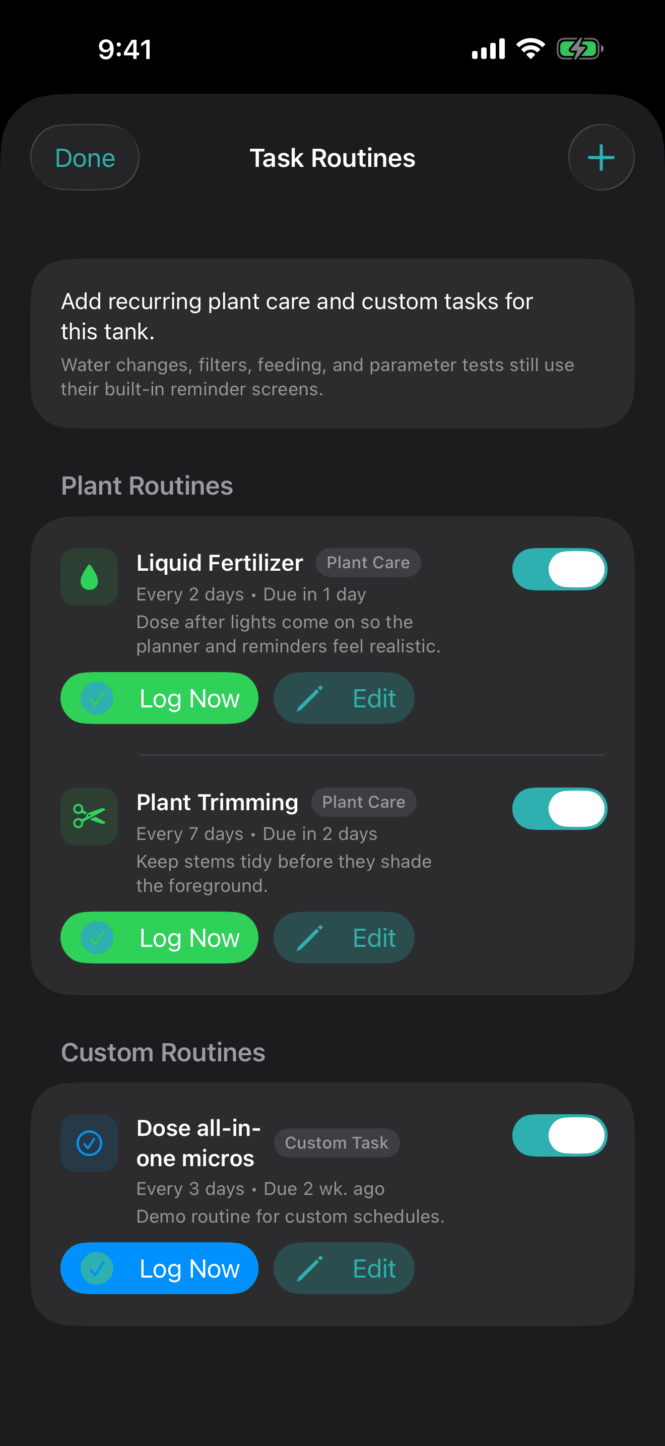 TankForge simulator screenshot showing planted aquarium routines for liquid fertilizer, plant trimming, and custom care tasks