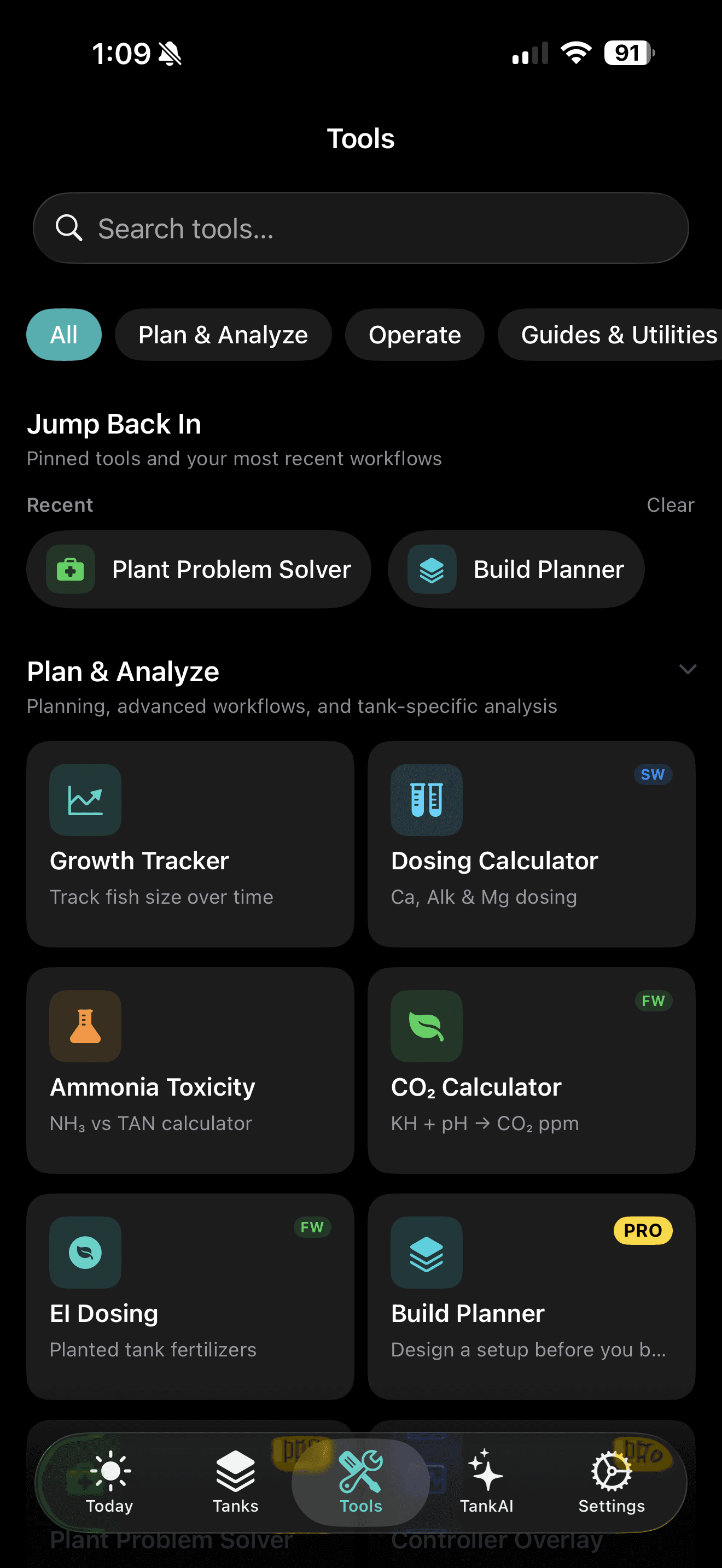 TankForge app screenshot showing aquarium tools including water testing, dosing, and planning workflows