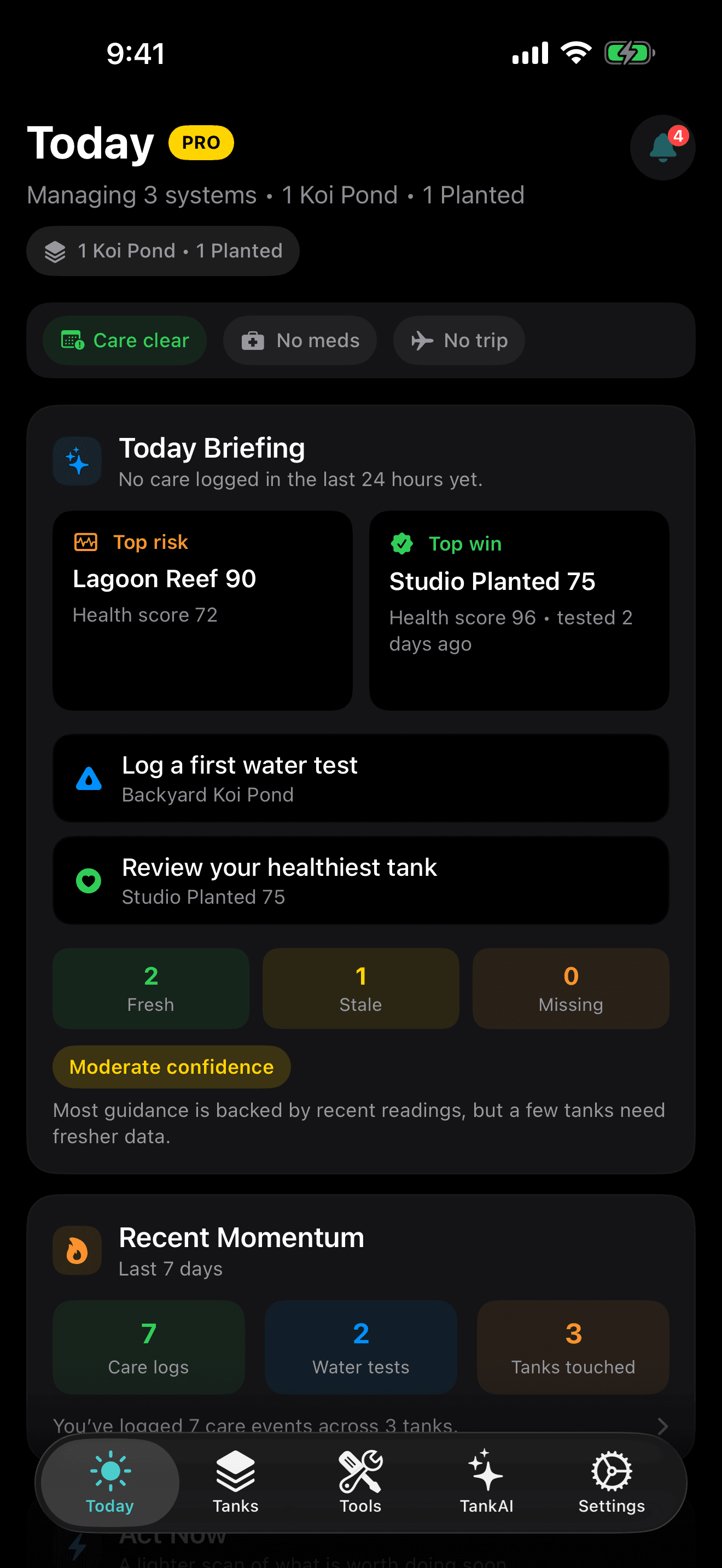 TankForge simulator screenshot showing Today water test freshness, stale readings, and tank care momentum