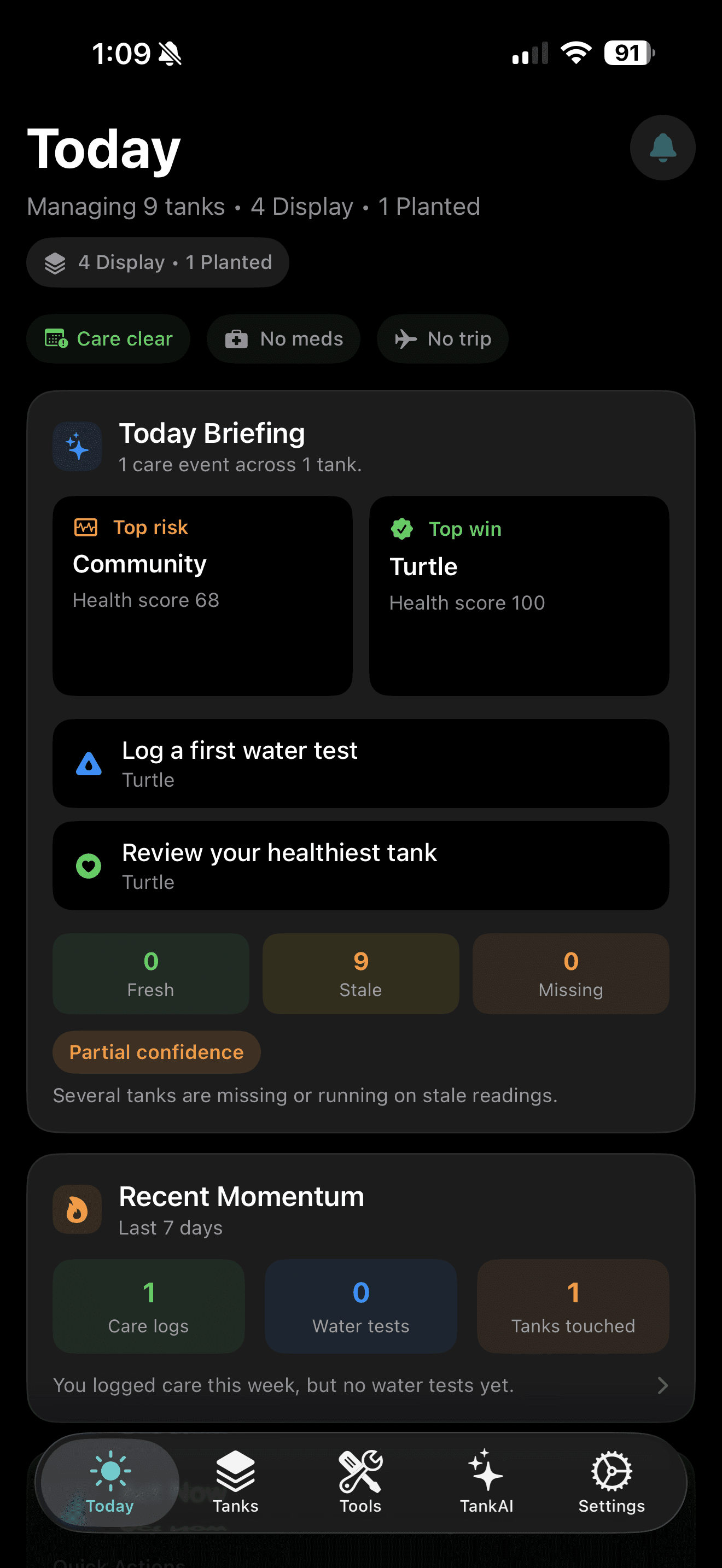 TankForge app Today screen showing daily tank care briefing, health signals, and recent momentum