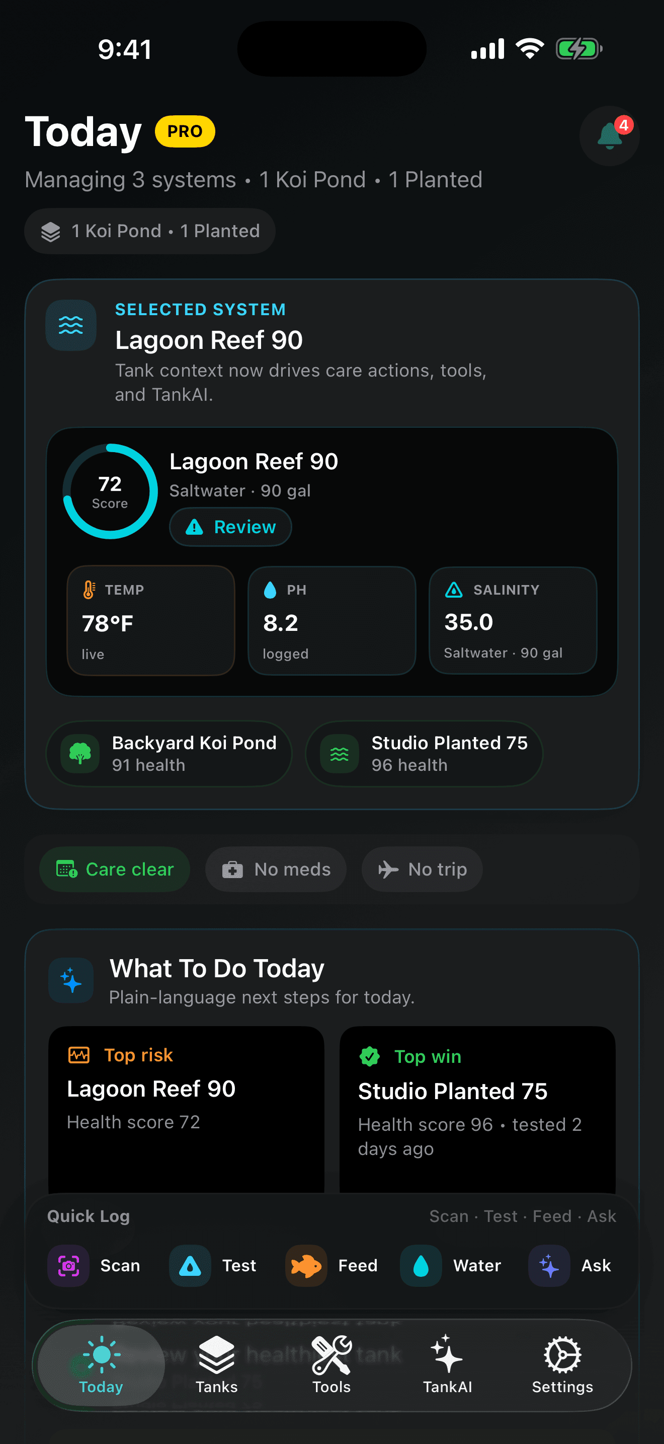 TankForge 2.0.0 iOS Today command center showing tank risk, care rhythm, and recent momentum