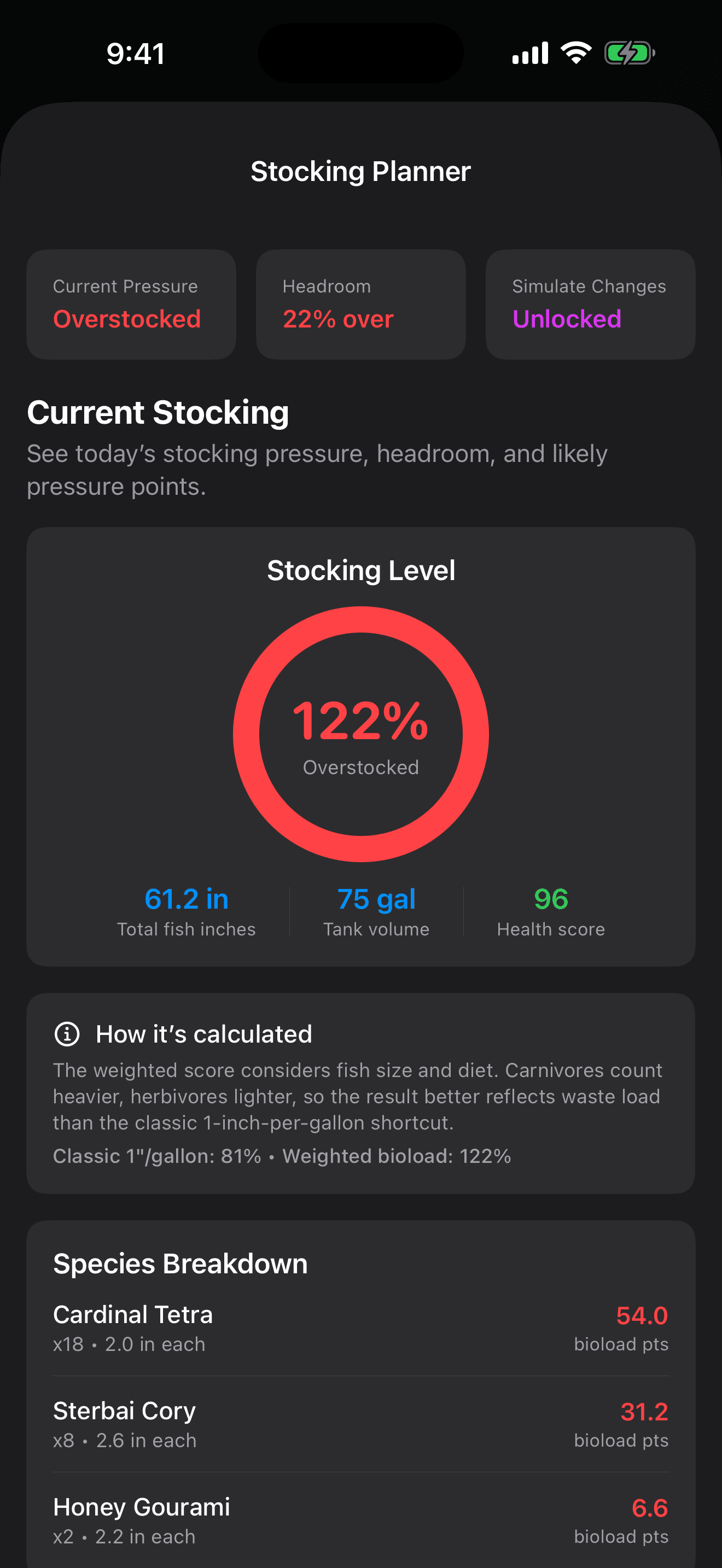 TankForge 2.0.0 iOS Stocking Planner screen showing compatibility and capacity warnings