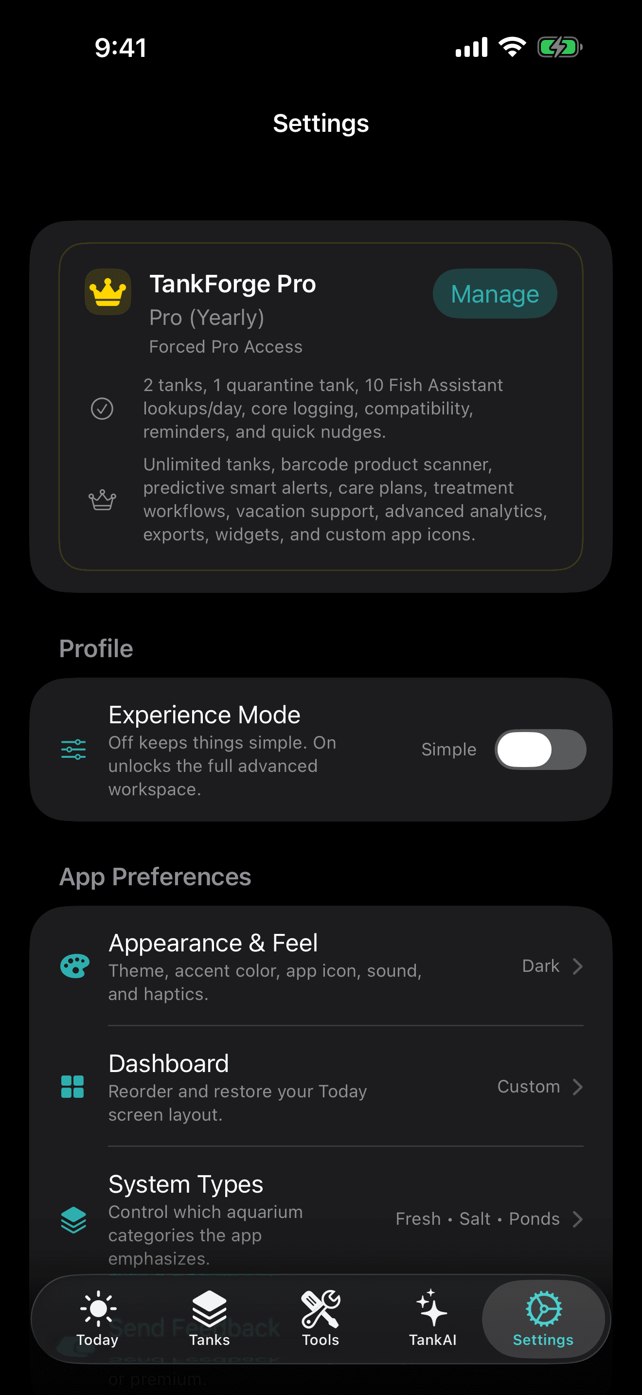 TankForge 2.0.0 iOS Settings screen showing Simple Mode, appearance, sync, and account controls