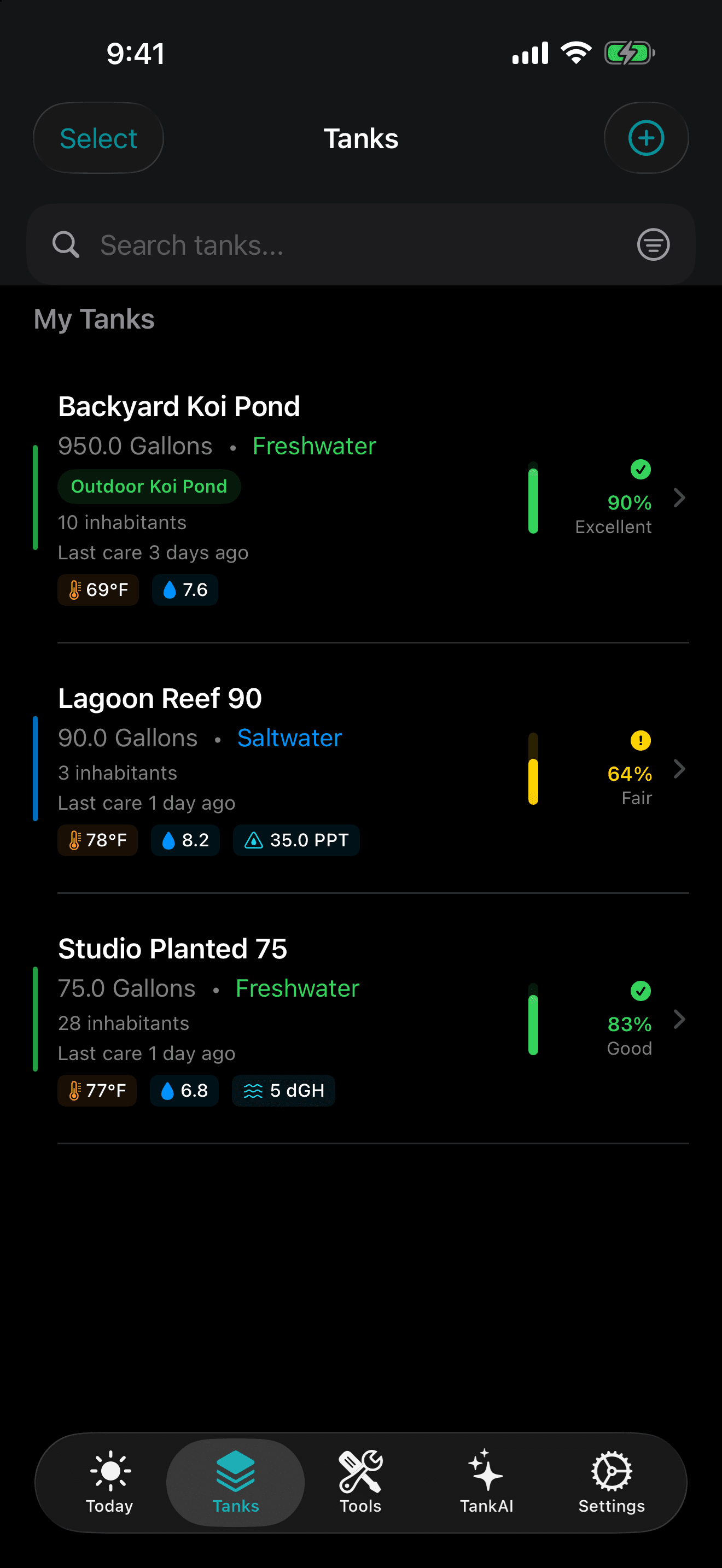 TankForge fish tank tracker screenshot for small aquarium care