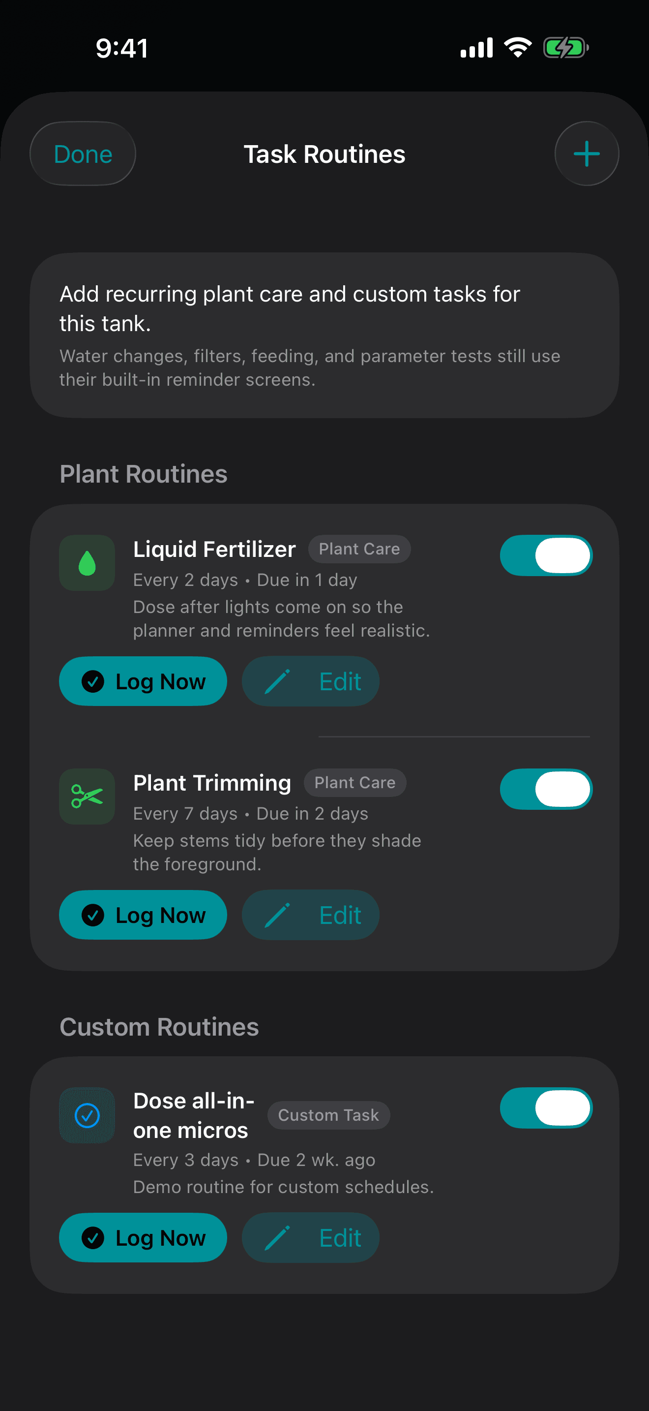 TankForge screenshot showing aquarium maintenance logs and routines