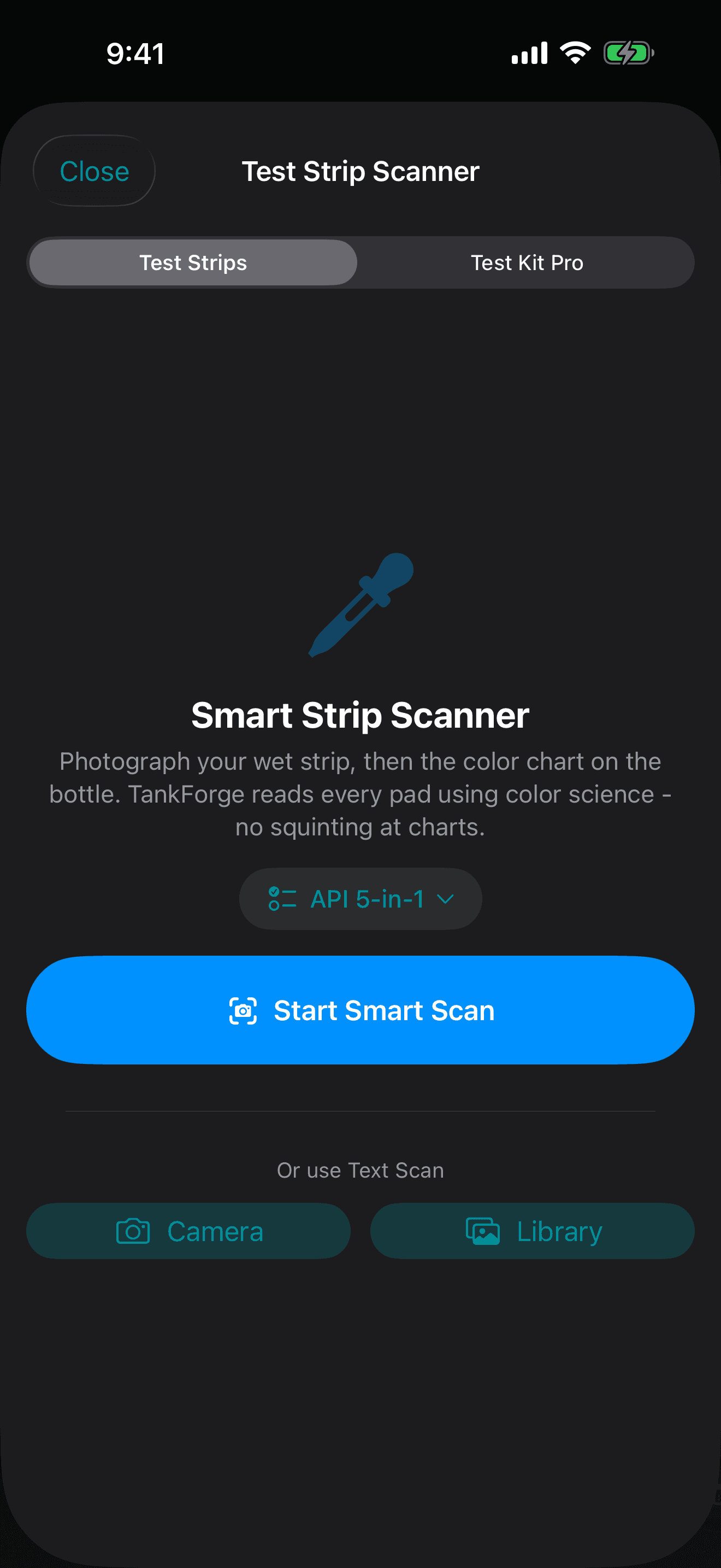 TankForge test strip scanner screen with smart scan, camera, and photo library actions
