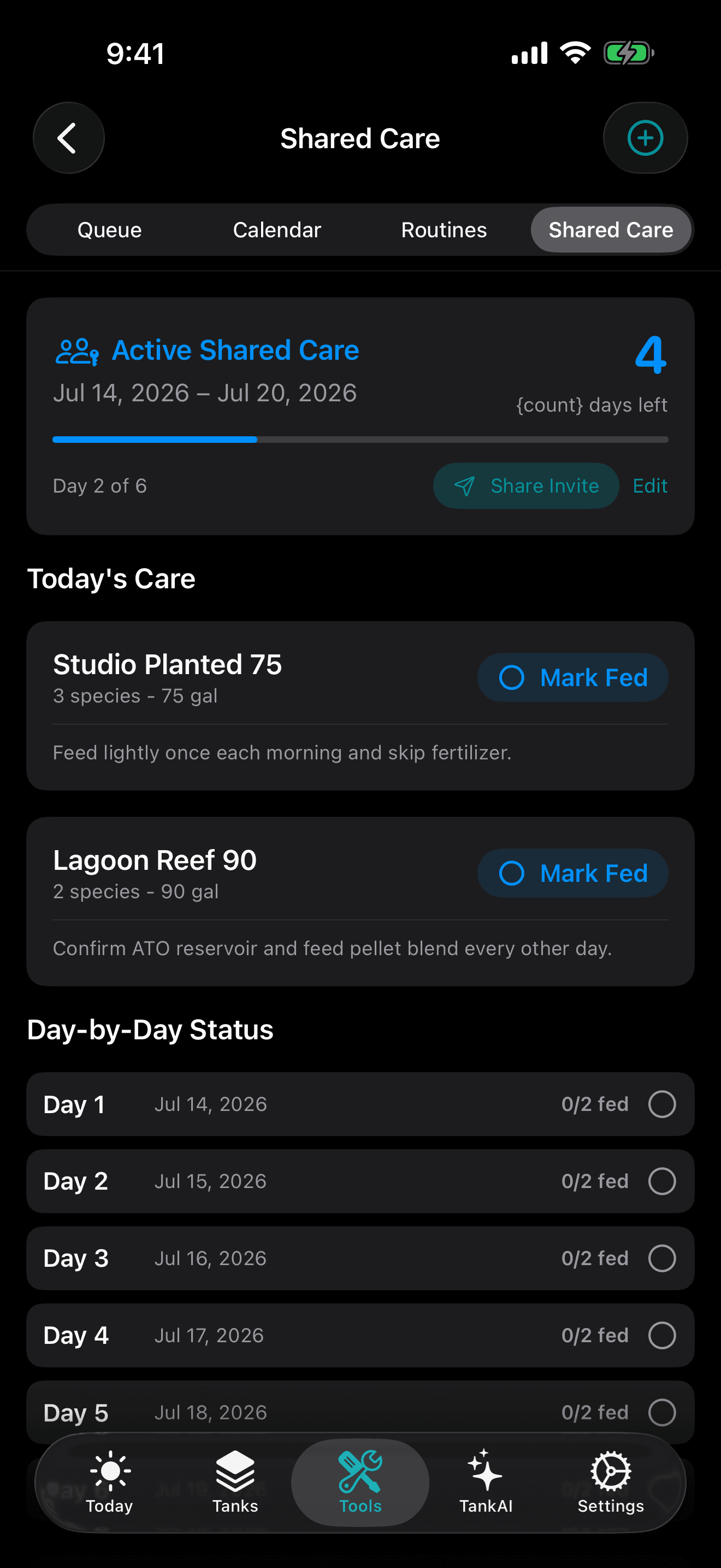 TankForge Shared Care screen showing an active vacation handoff and daily aquarium tasks