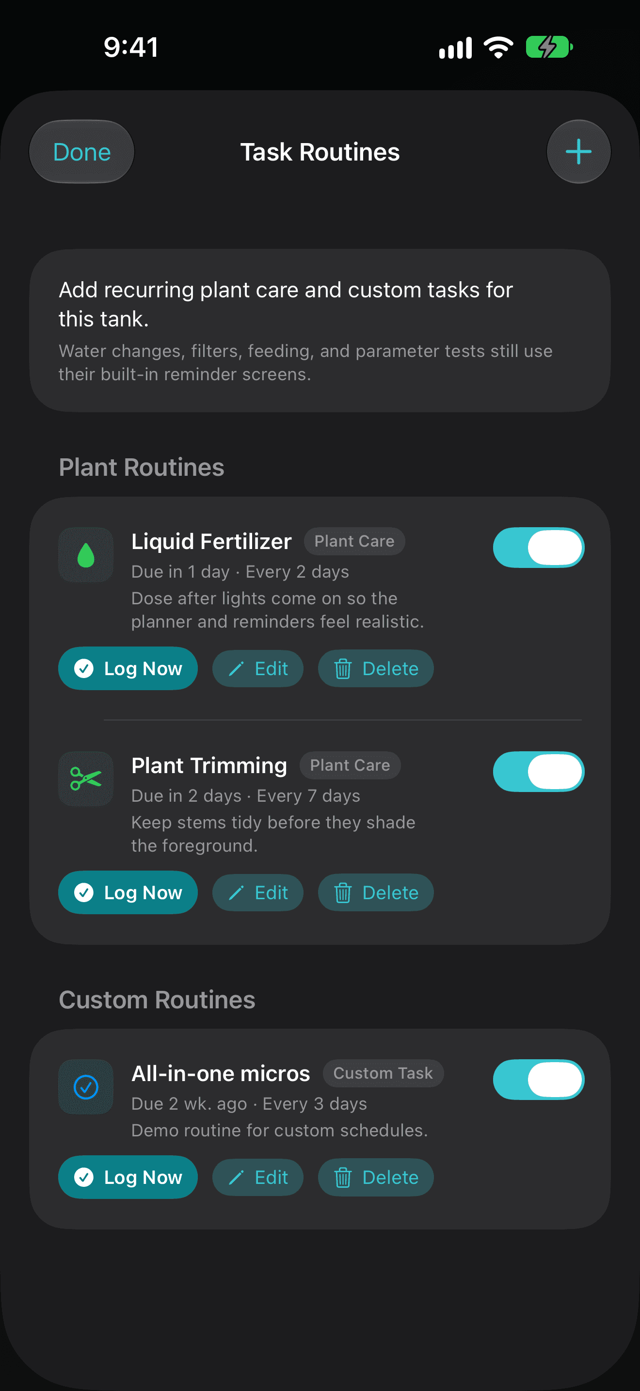 TankForge simulator screenshot showing planted aquarium routines for liquid fertilizer, plant trimming, and custom care tasks