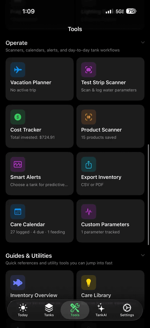 TankForge quarantine timer screenshot for aquarium observation workflow