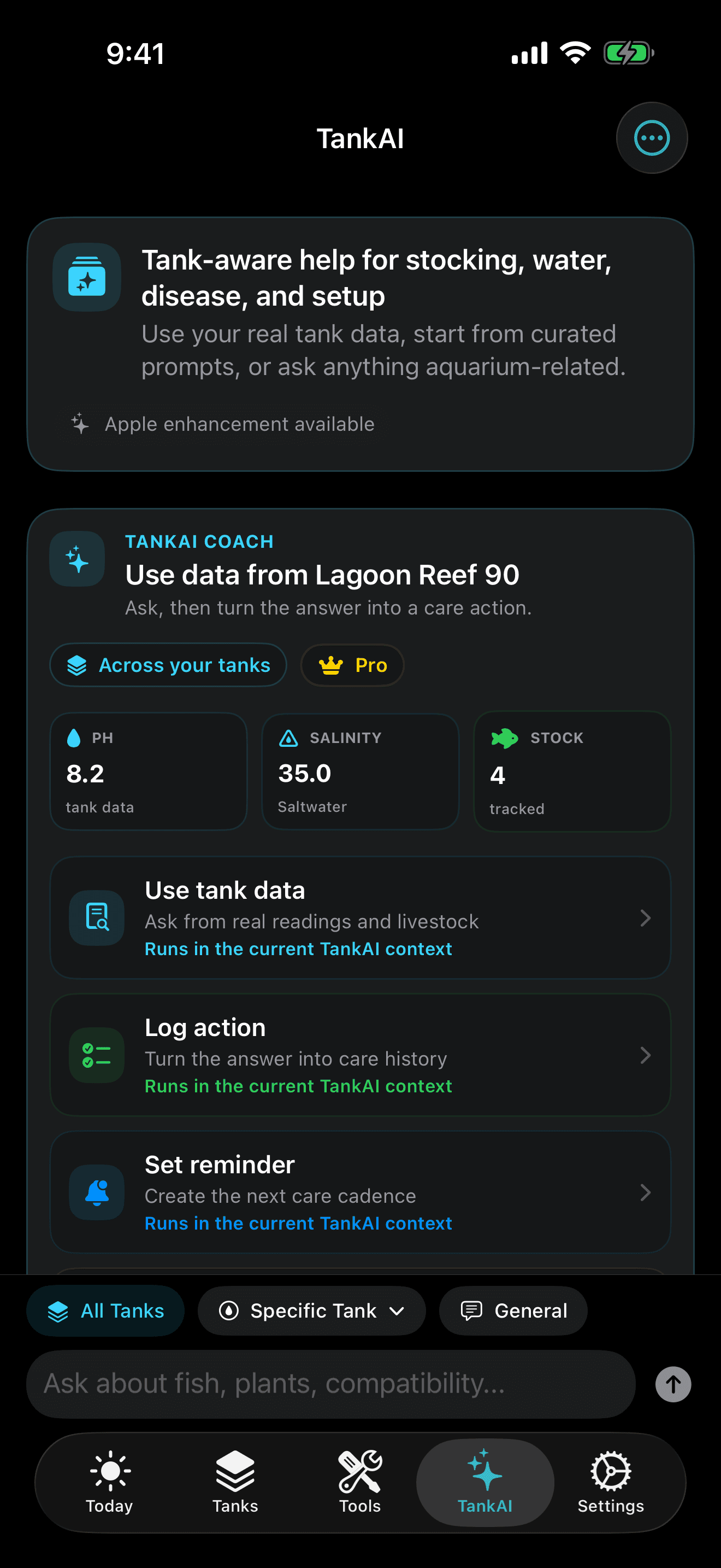 TankForge app screenshot showing TankAI aquarium assistant inside the aquarium management app